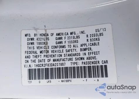 2013 Honda Accord Ex-L из США, поврежденный, VIN 1HGCR2F83DA207897